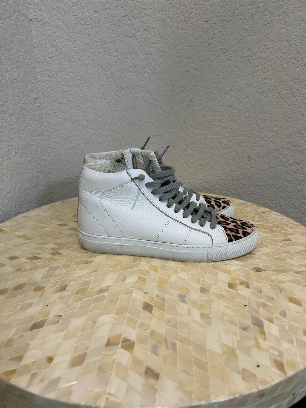 P448 White High-Top Sneakers with Leopard Accents US 6